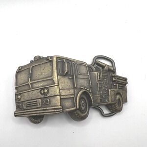 FIRETRUCK vintage metal brass belt buckle made in USA collector fireman truck